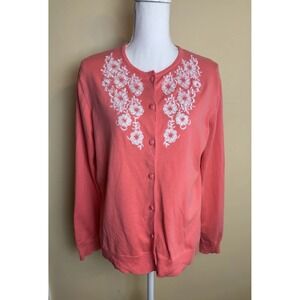 Lands End Women's Large Pink Embroidered Cotton Blend Cardigan Sweater Floral